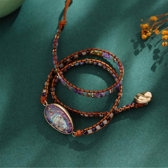 Women Boho Handmade Natural Stone Crystal Leather Bead Wrap Bracelets Collection - Picture 4 of 7